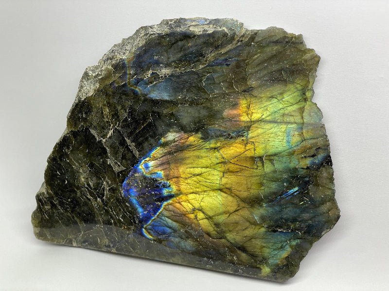 Labradorit Scheibe mit blauem und grünem Schillereffekt