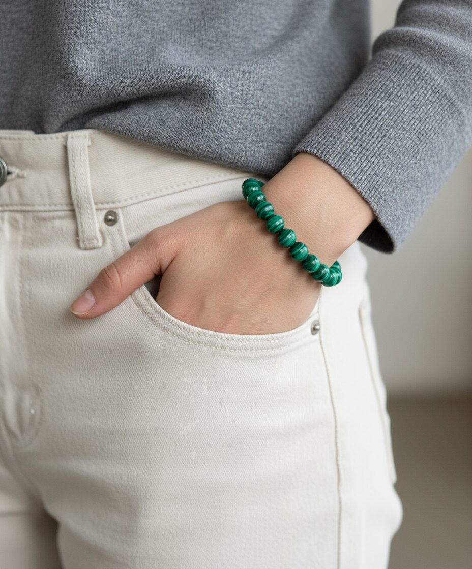 Malachit Armband getragen – Naturstein Schmuck für Harmonie & Schutz