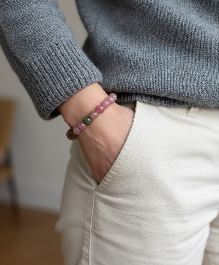 Bunter Turmalin Armband getragen – Natürliches Edelsteinarmband im modernen Look