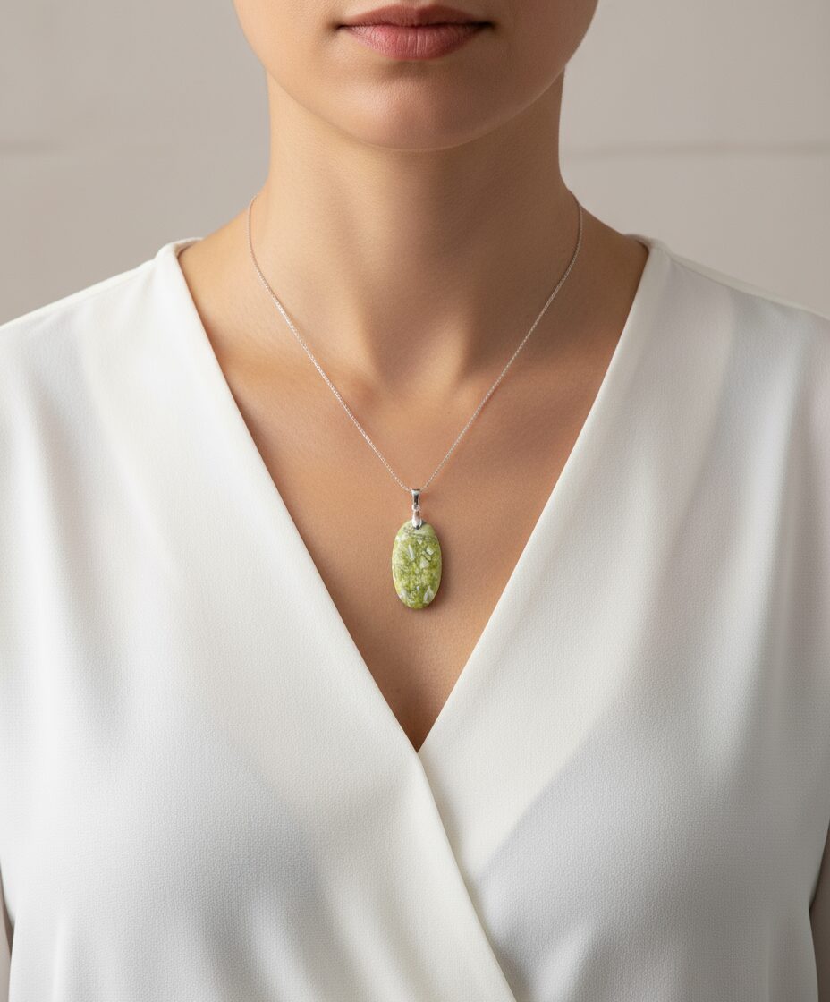 Lizardit Anhänger Silber 925 – Grüner Edelstein-Schmuck mit sanfter Maserung