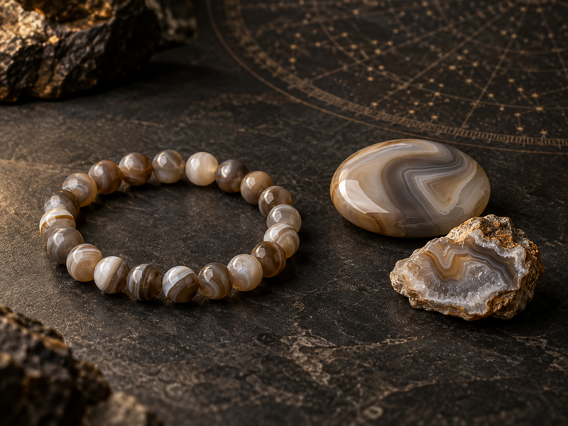 Achat-Armband mit poliertem und naturbelassenem Achat vor einer Sternenkarte